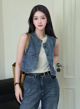 港味复古牛仔马甲女款2024夏季圆领背心时尚坎肩短款无袖开衫上衣