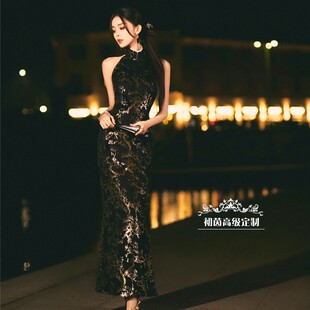 高端定制明星娜扎同款新中式黑金旗袍连衣裙女长款修身优雅国风夏