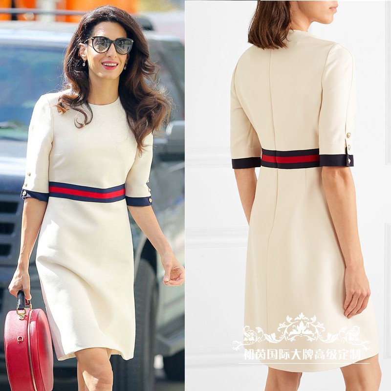 高端定制欧美街拍amal clooney同款米白色拼织带丝毛连衣裙中款秋