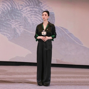 两件时尚 高级定制明星蒋欣同款 黑色香云纱真丝衬衫 阔腿裤 优雅套装