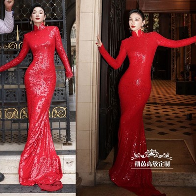 高级定制明星同款红色亮片改良旗袍裙长款拖尾礼服裙修身国风优雅