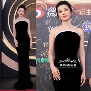 高级定制明星李冰冰同款抹胸丝绒鱼尾礼服裙女宴会年会修身包臀长