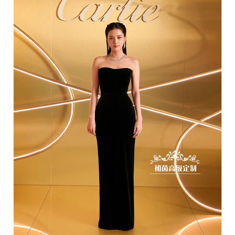 高端定制金智秀明星同款丝绒抹胸无袖礼服裙高腰修身坠地鱼尾长裙