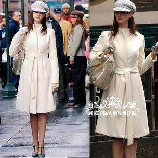 高端定制安妮海瑟薇同款白色羊毛大衣毛呢外套女长款系带大牌时尚