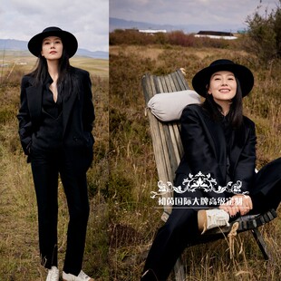 女修身 高级定制明星高圆圆同款 裤 套装 帅气时髦大牌秋 黑色羊毛西装