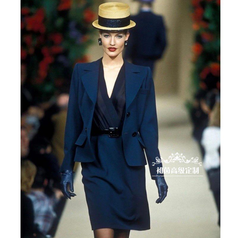 高端定制藏蓝色西装套装裙三件中款半身裙修身职场干练气质大牌新