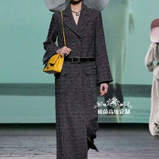 高端定制时装周刘雯走秀同款深灰色粗花呢小香风外套大衣长款大牌