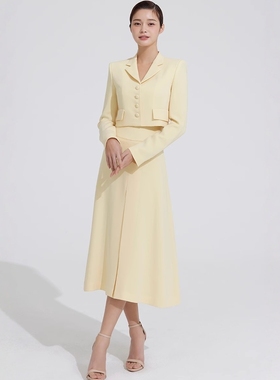 高级定制韩版浅黄色三醋酸短款西装外套高腰半裙时尚OL套装裙春夏