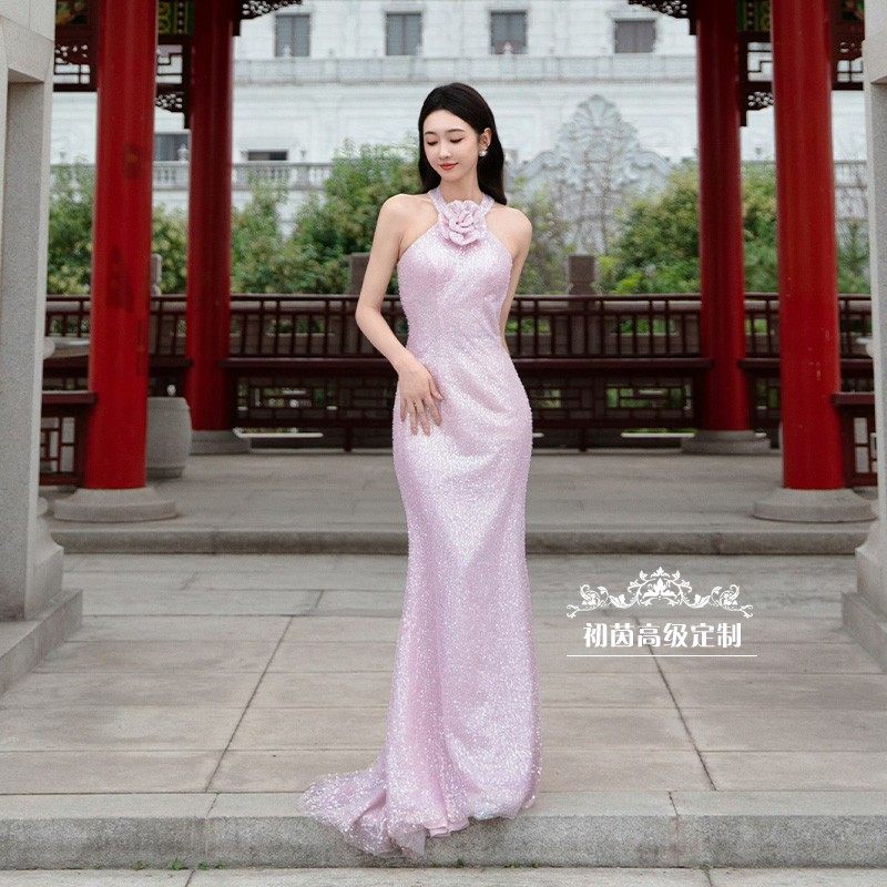 高级定制宣璐明星同款修身粉色亮片挂脖无袖坠地礼服裙性感鱼尾裙