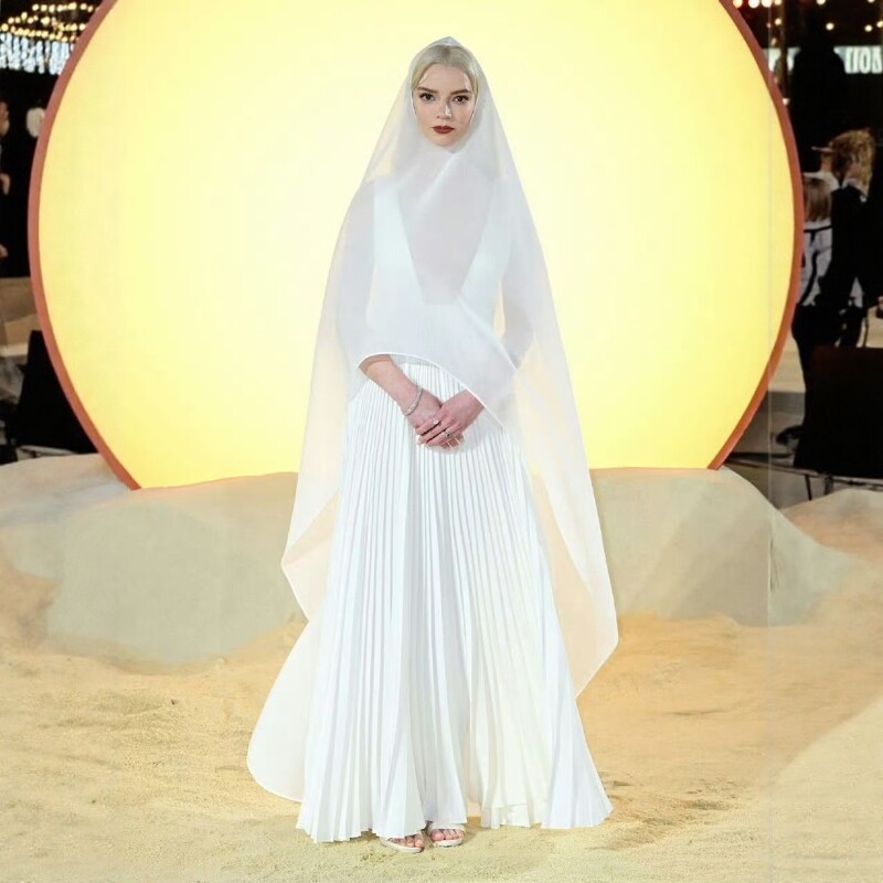 高级定制安雅明星同款醋酸纱白色飘逸礼服裙度假沙漠海滩连衣裙夏