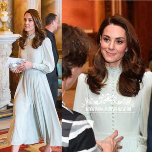 大摆气质 修身 高端定制凯特王妃同款 淡绿色木耳边真丝连衣裙女长款