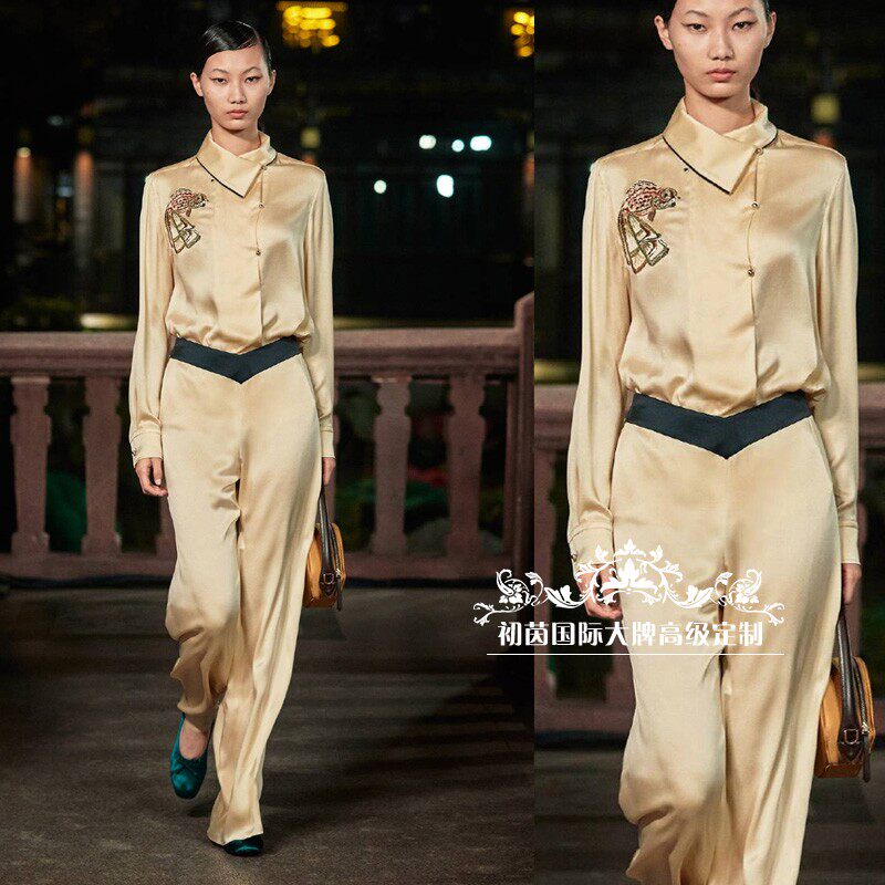 高级私人定制走秀卡其色重磅真丝缎衬衫阔腿裤时尚套装裤女春夏ol