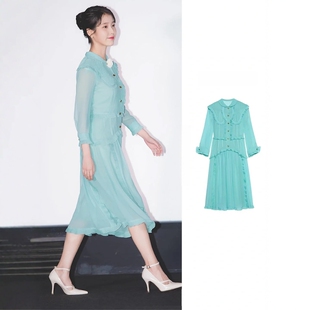 初茵新款女李知恩同款绿色雪纺连衣裙木耳边单排扣法式设计感长裙