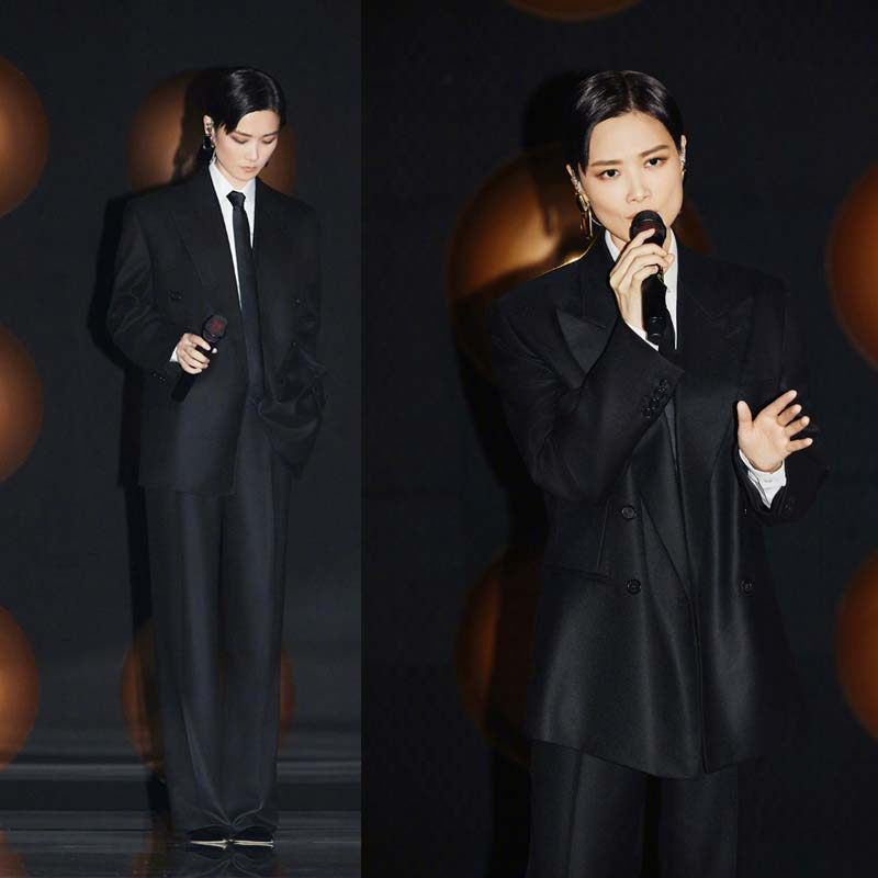 高端定制挂李宇春同款黑色羊毛西装外套女宽松+裤子酷飒西服套装