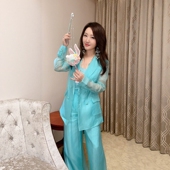 蓝绿色欧根纱西装 真丝背心三件套装 外套 子 阔腿裤 杨钰莹明星同款