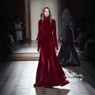 高端定制秋冬长袖高领红色丝绒礼服裙长款修身大摆连衣裙优雅气质