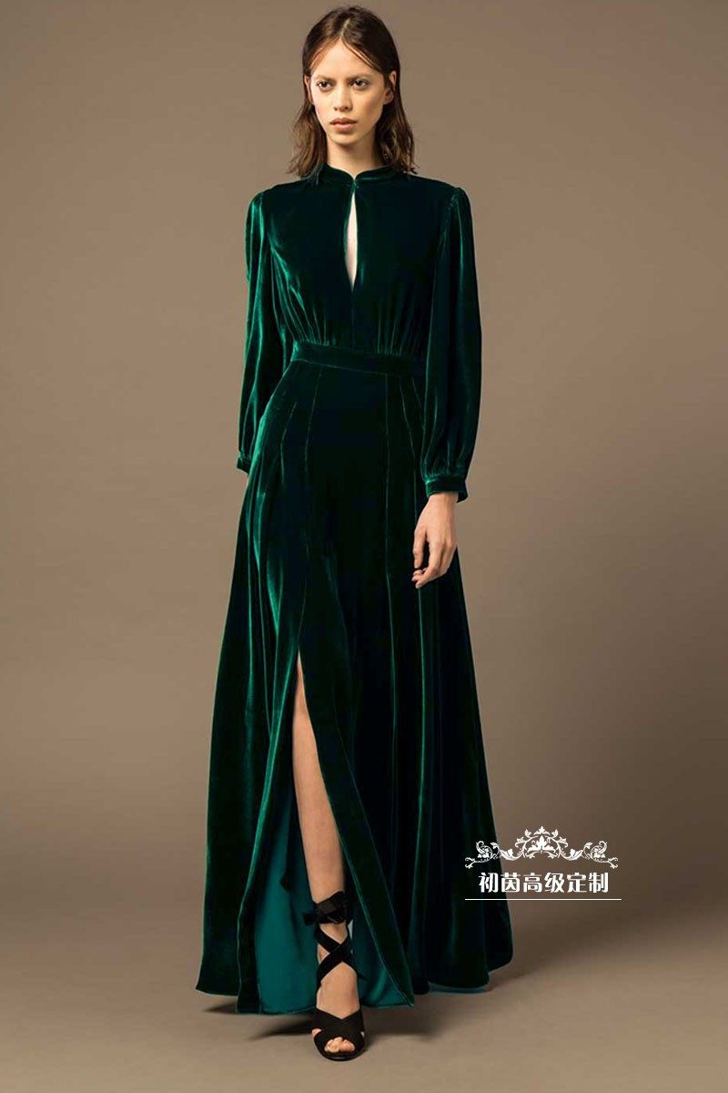 女士墨绿色丝绒小立领礼服裙