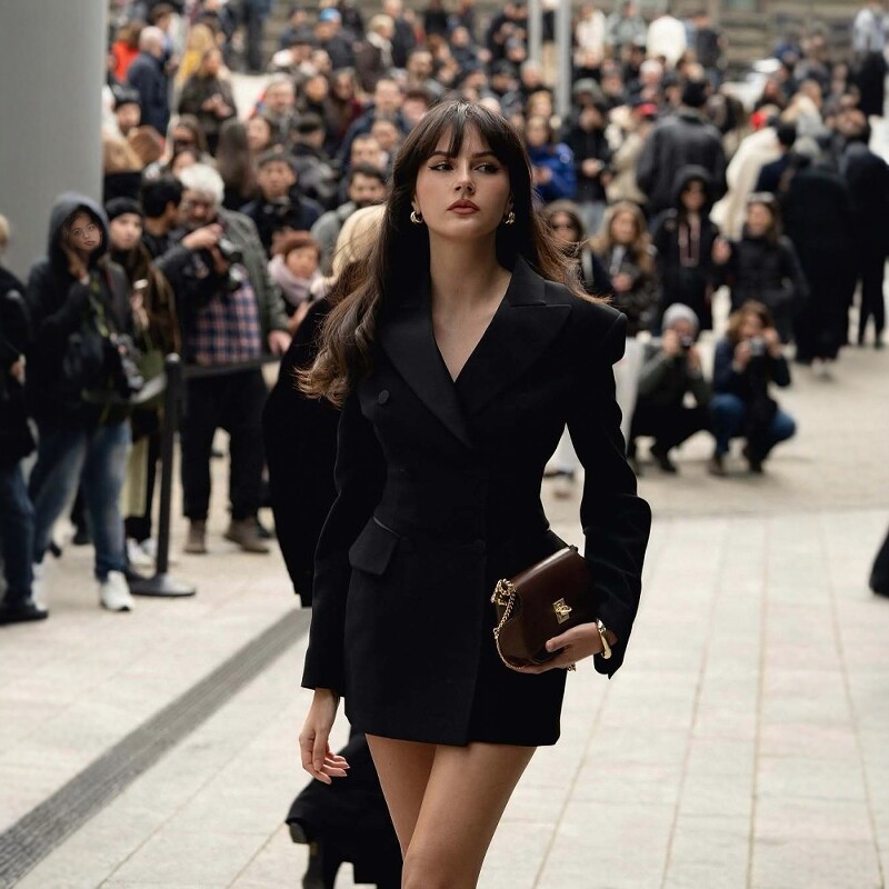高级定制欧美街拍模特同款黑色羊毛西装外套连衣裙女修身显瘦摩登
