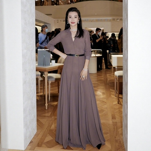 初茵私人定制李冰冰同款粉紫色桑蚕丝长袖连衣裙文艺休闲日常百搭