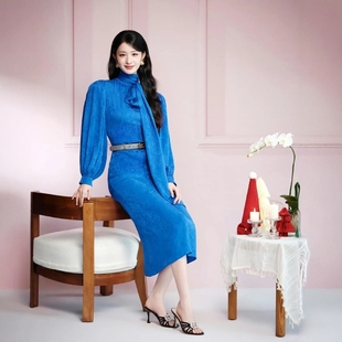 高级定制明星王楚然同款 宽松桑蚕丝长裙 宝蓝色真丝提花连衣裙长款