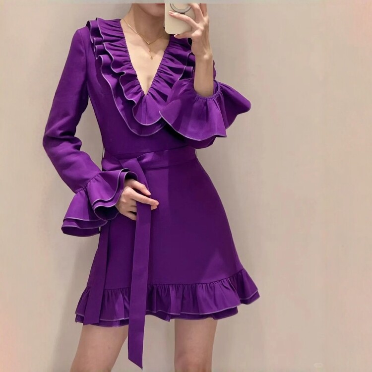 高级定制紫色V领荷叶边丝毛连衣裙长袖短款系带优雅时尚轻奢礼服