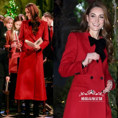 高级定制新年战袍红色大衣凯特王妃同款红色毛呢外套长款修身显瘦