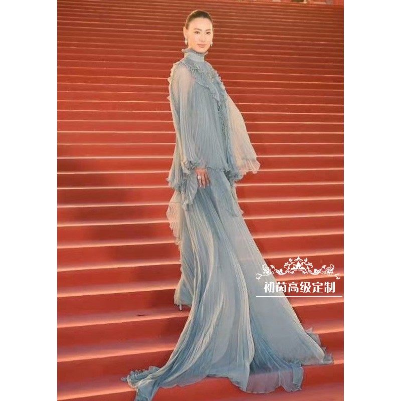 高级定制梁洛施明星同款立领长袖水蓝色雪纺优雅时尚拖尾礼服裙新