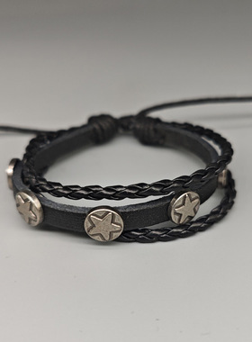 网红五角星串珠小众手链个性编织学生饰品多层可调节皮革手环