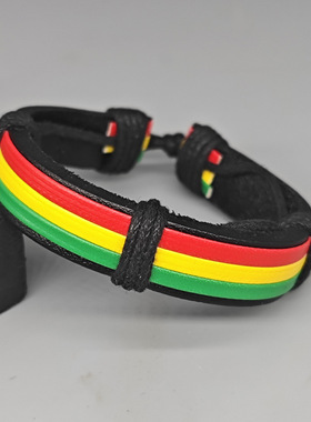网红波西米亚网红牙买加红黄绿手环民族编织皮革手链欧美条纹拼色