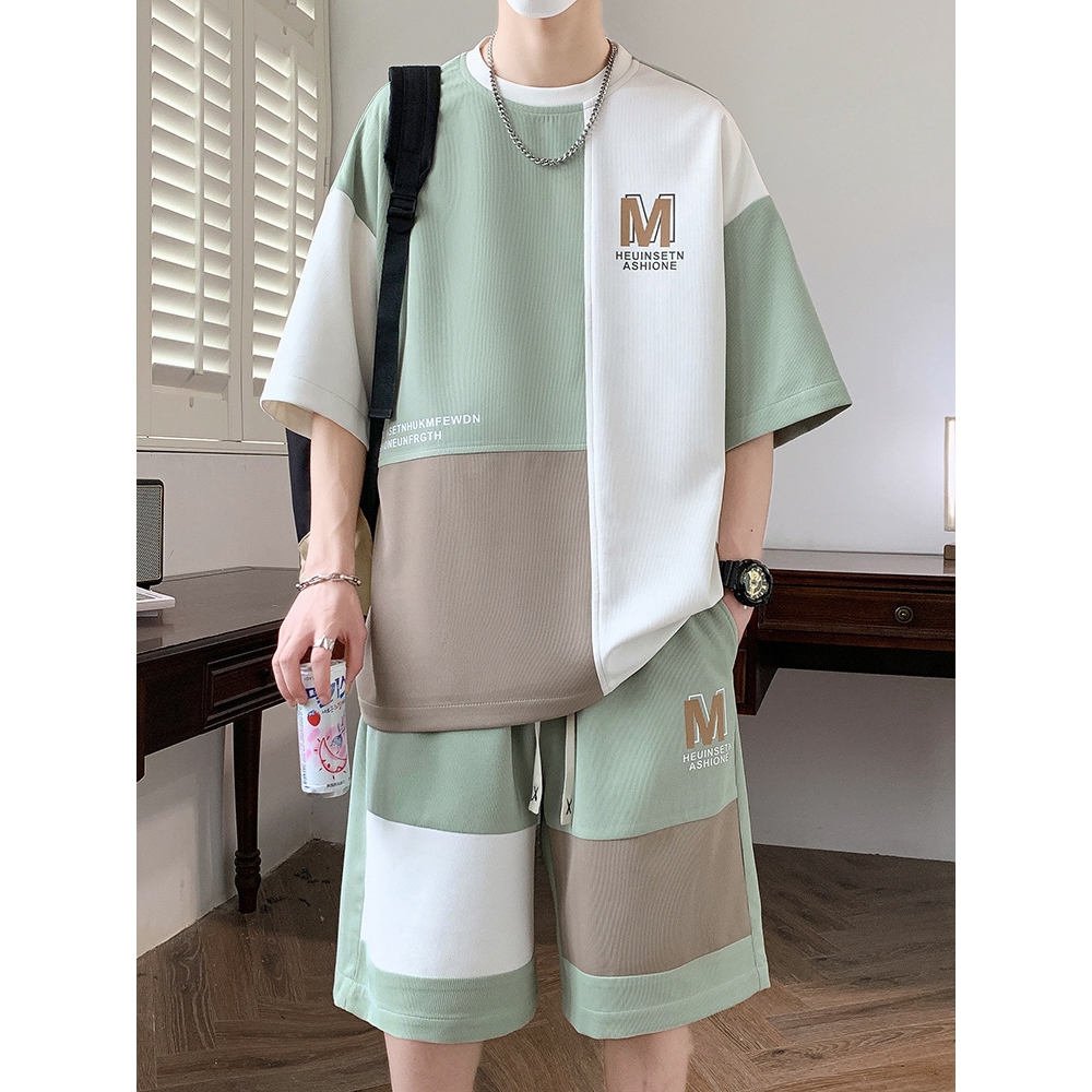 今年潮牌青少年夏季套装男生冰丝t恤高中初中生短袖短裤大童休闲