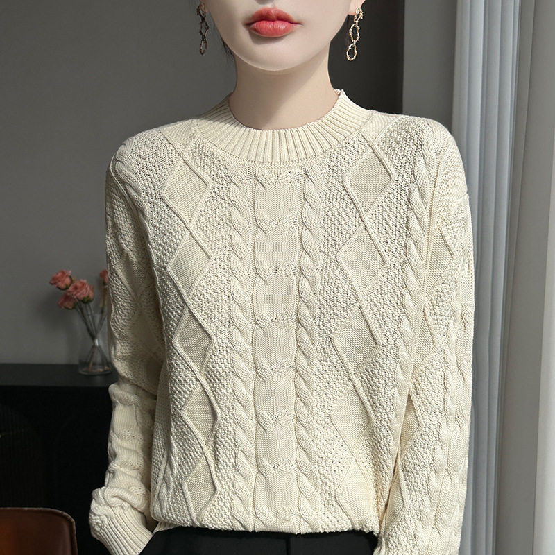 进口麻花%纯棉针织毛衣女新款加厚针织衫高级感打底衫