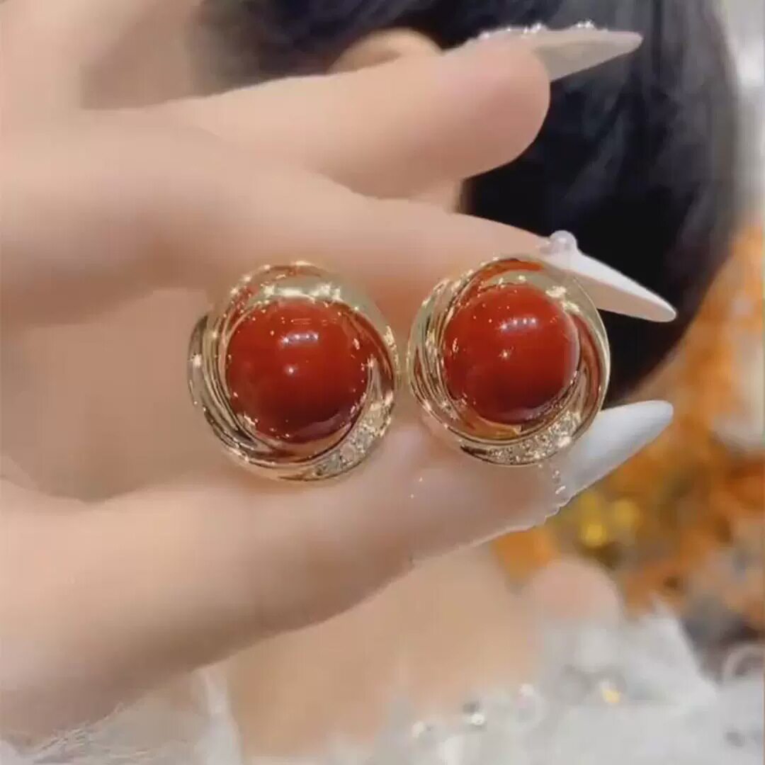 德国复古港风红色圆形耳夹耳环女精美优雅贵气时尚耳钉轻奢耳饰