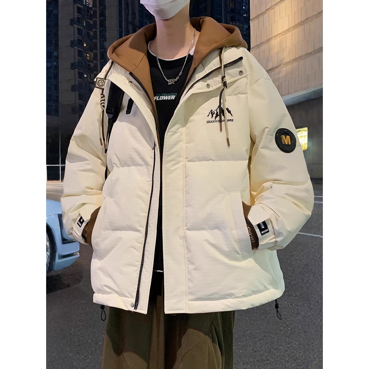 大牌高端假两件羽绒服男季加厚保暖白鸭绒外套男休闲宽松港风户外