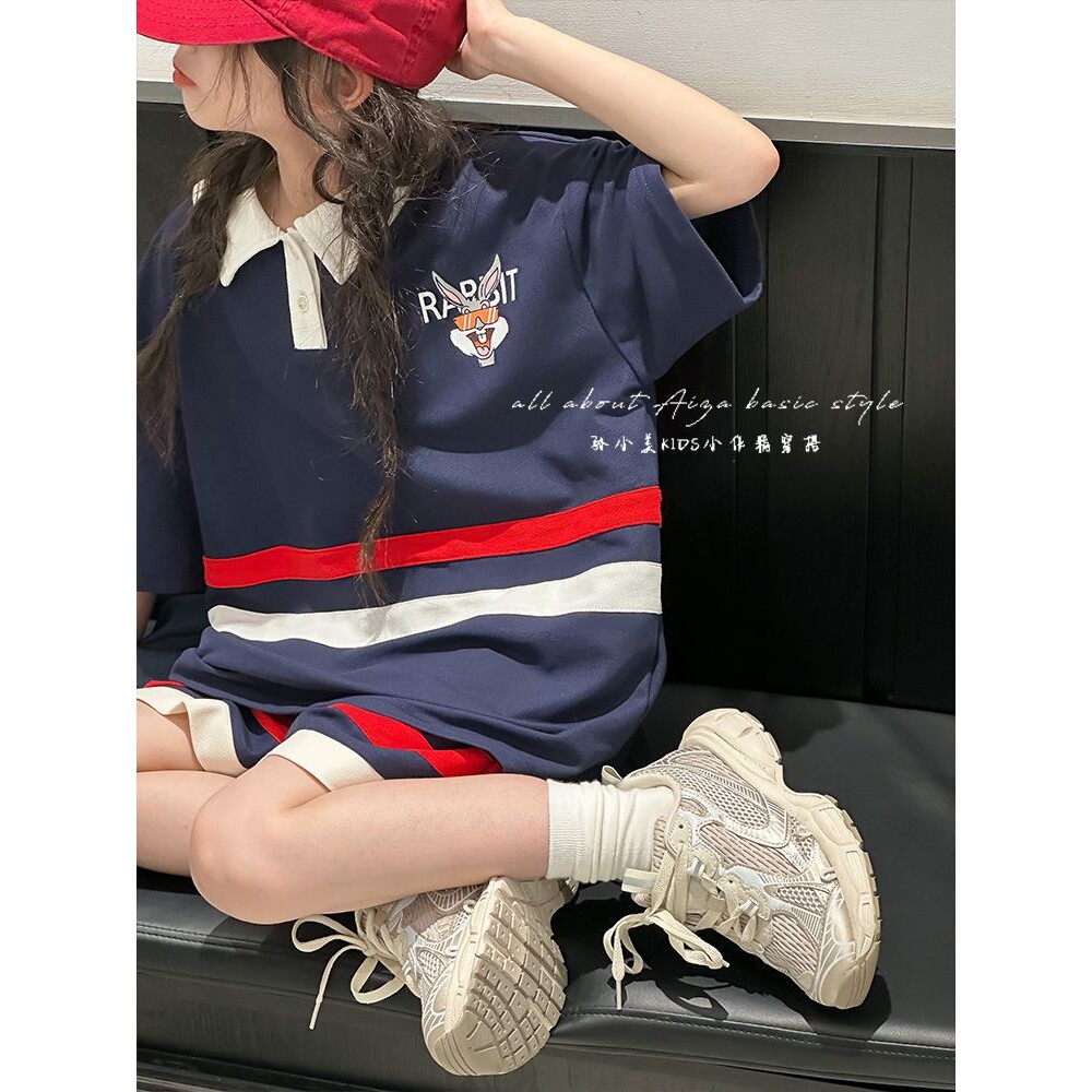 进口女童秋装薄款POLO衫短裤两件套新款中大童港风条纹运动套装潮