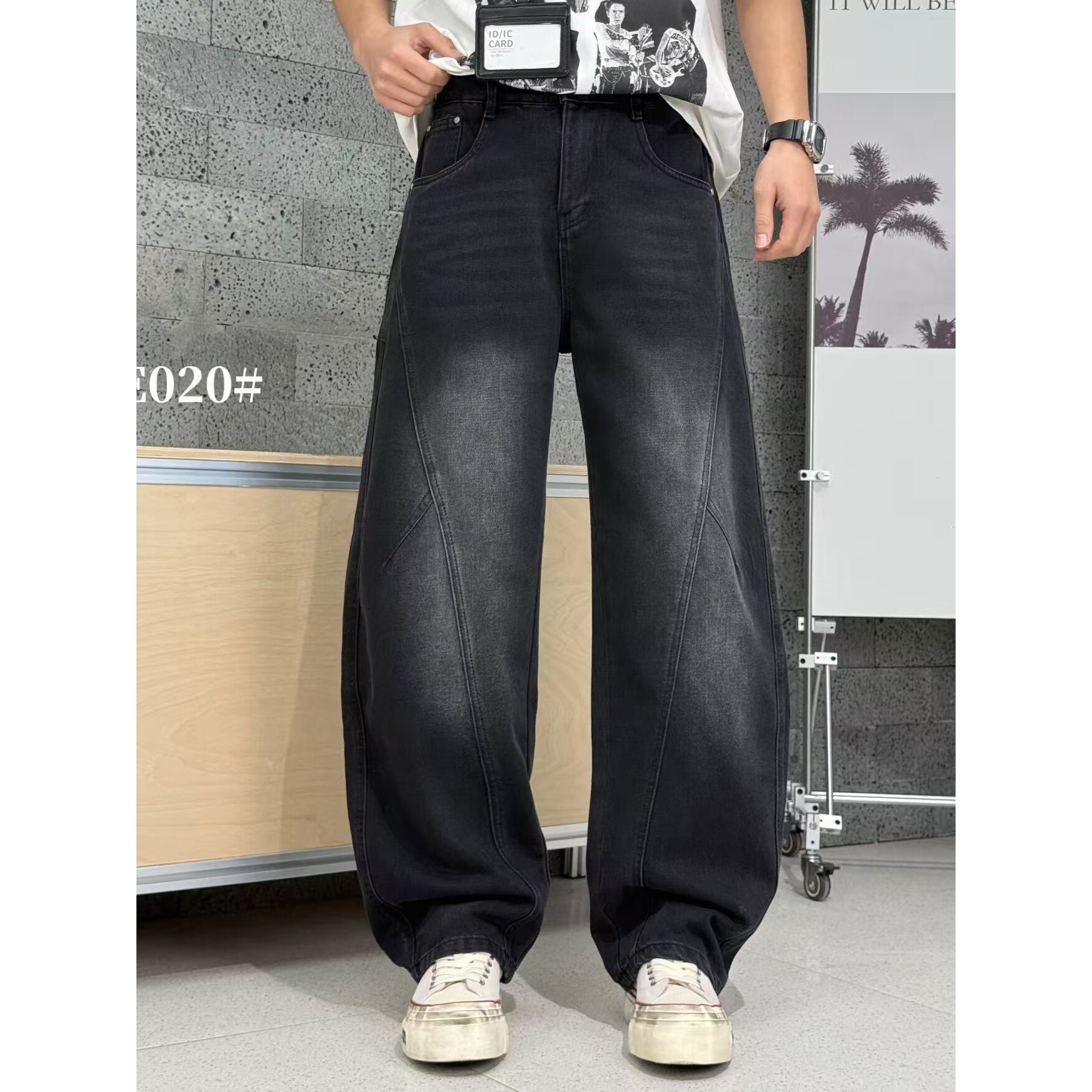 进口美式复古水洗做旧牛仔裤男宽松直筒阔腿长裤子潮牌痞帅高街弯