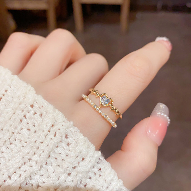 撤柜韩版时尚ins风开口戒指女设计感小众简约锆石爱心珍珠双层食