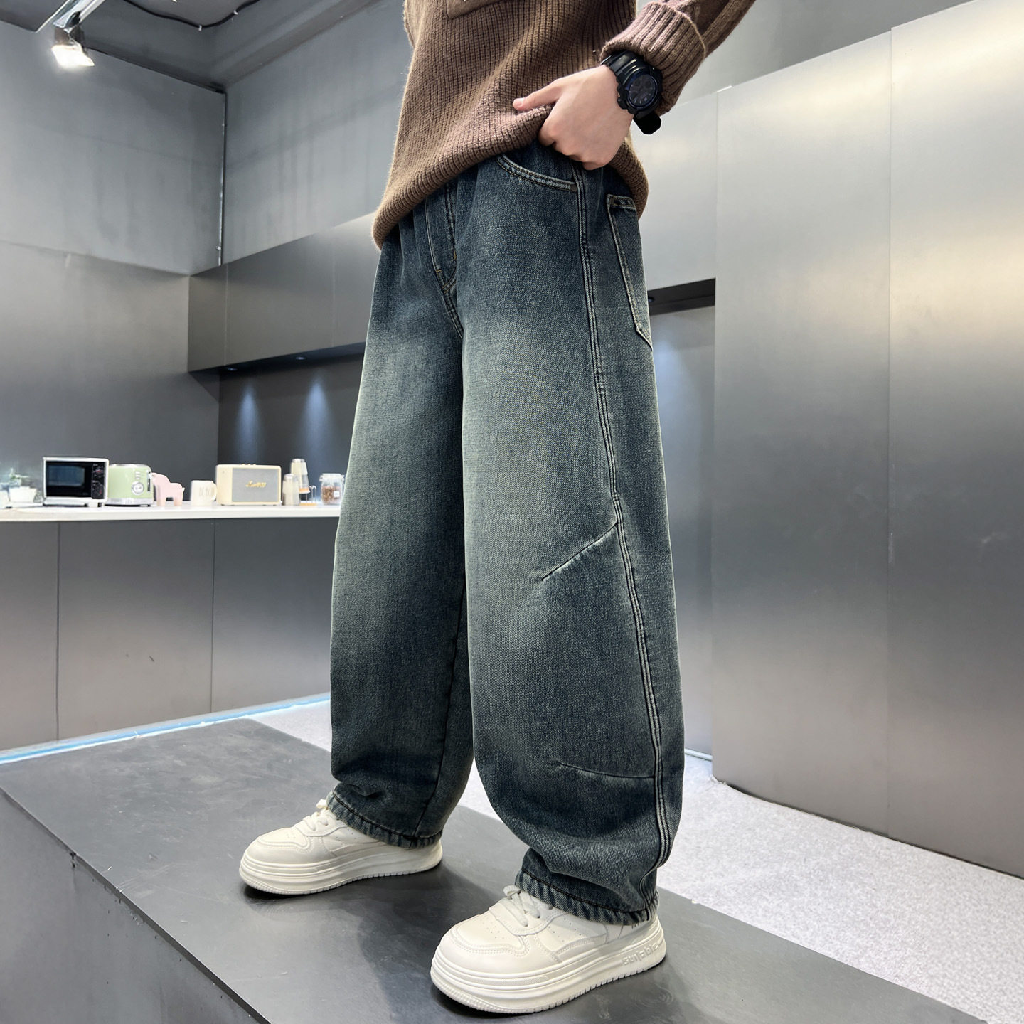 进口男童加绒牛仔裤一体绒新款儿童裤子中大童长裤加厚潮酷