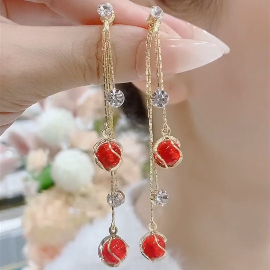德国一款两戴红色珠珠耳钉耳环女长款流苏设计感前后款网红百搭耳