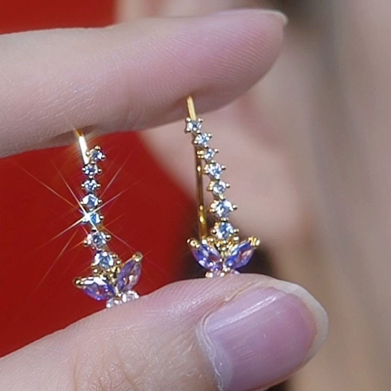 撤柜小众独特排钻紫蝴蝶耳钉耳环夏新款精致时尚百搭高级感耳钉