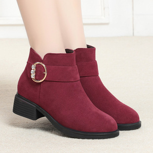 进口磨砂皮靴子高跟短靴女款季加绒女鞋子女士真皮棉鞋妈妈羊毛棉