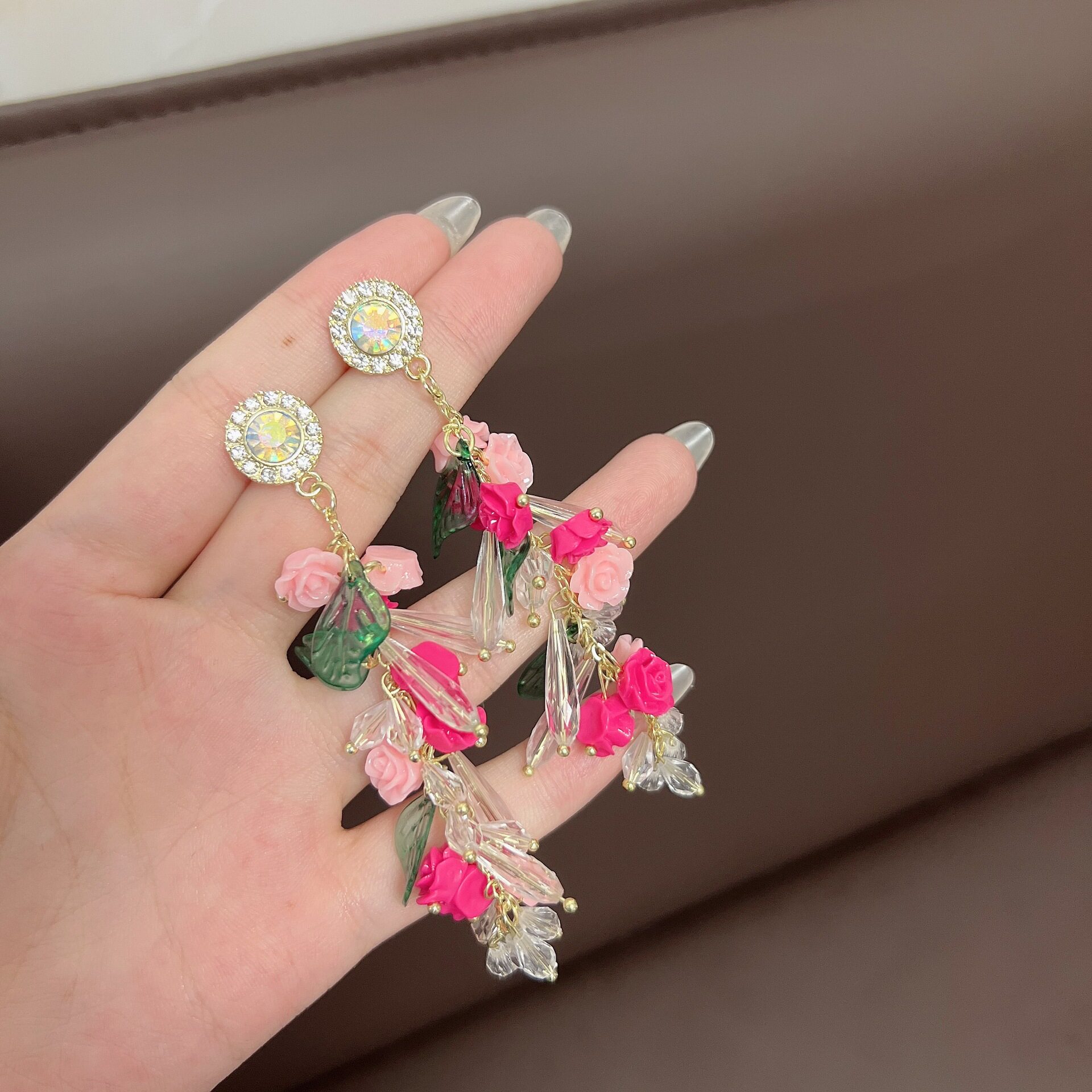 德国复古粉色花朵水晶流苏耳环轻奢百搭夸张长流苏耳夹高级感时尚