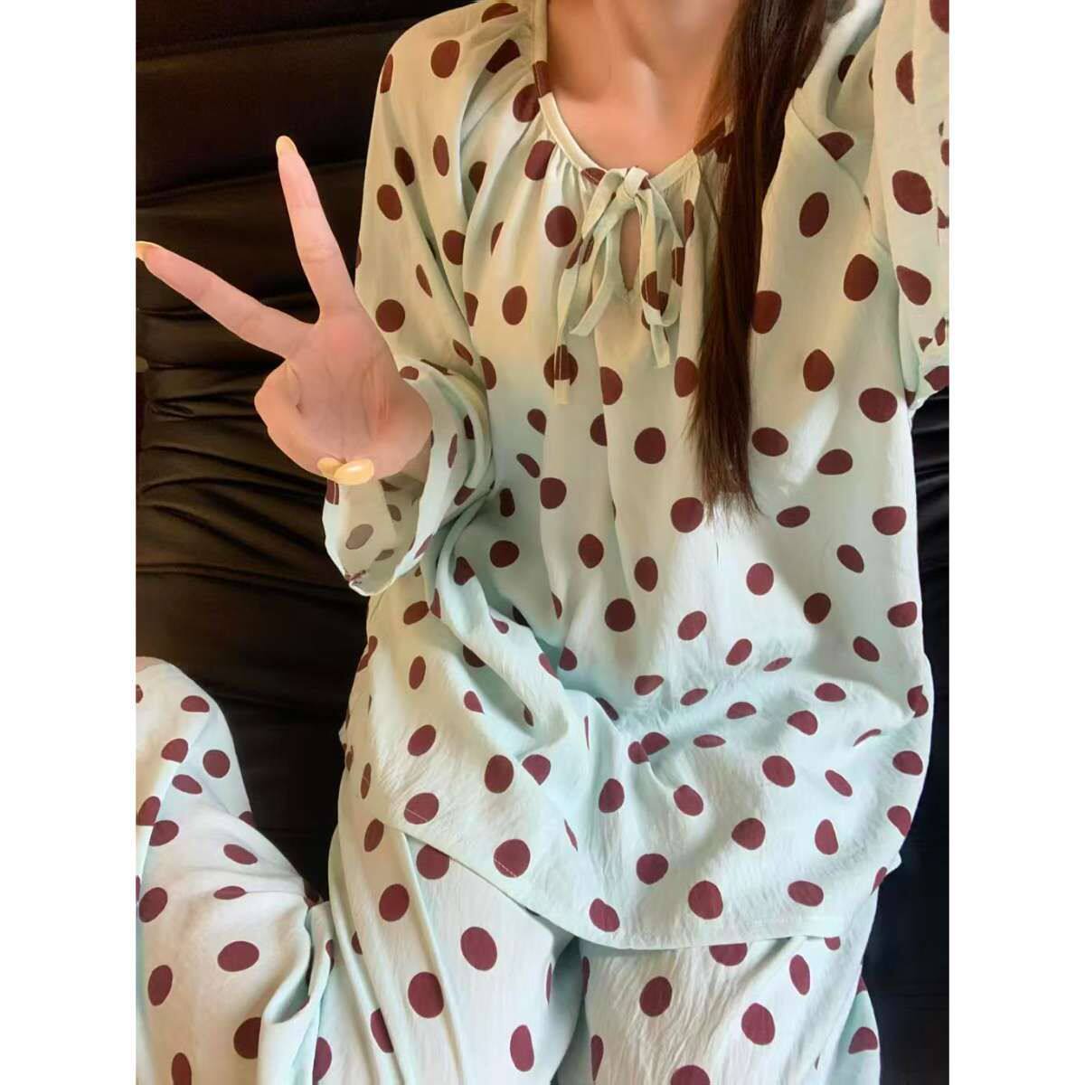 撤柜外贸睡衣女款季韩版甜美波点云朵棉长袖家居服套装可外穿