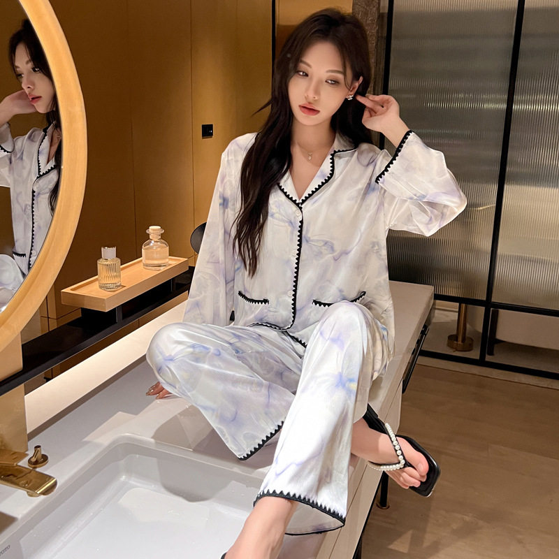 德国夏仿真丝绸大码睡衣女时尚休闲衬衫冰丝睡衣套装长袖家居服