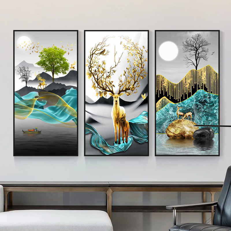 个性新款新中式山水画玄关装饰画 麋鹿黄金发财树挂画抽象走廊玄图片