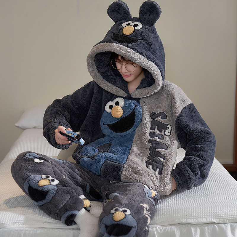 潮牌男士睡衣季珊瑚绒卡通法兰绒加厚加绒青少年学生家居服连帽套