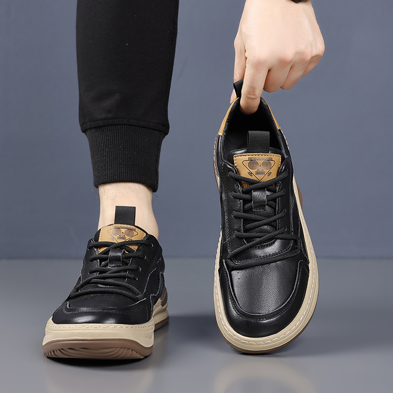 欧洲站头层牛皮新款男士休闲皮鞋真皮男款小白鞋潮流小丑鞋百搭男