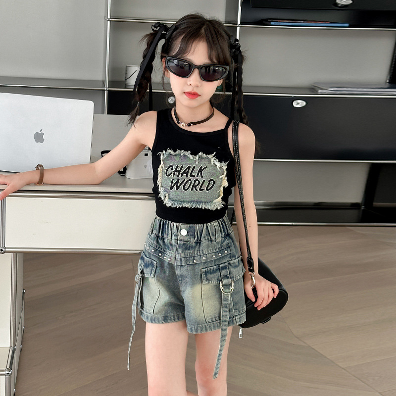 流行新品女童套装夏季2025新款中大童女孩洋气薄款背心牛仔短裤夏