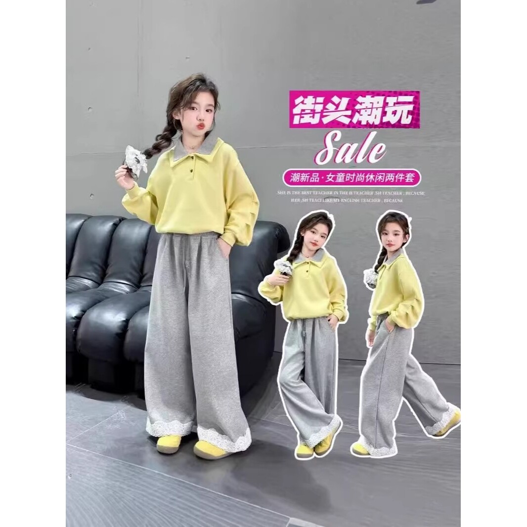 进口女童装新款翻领POLO衫长裤两件套新款中大童韩版时髦套装潮