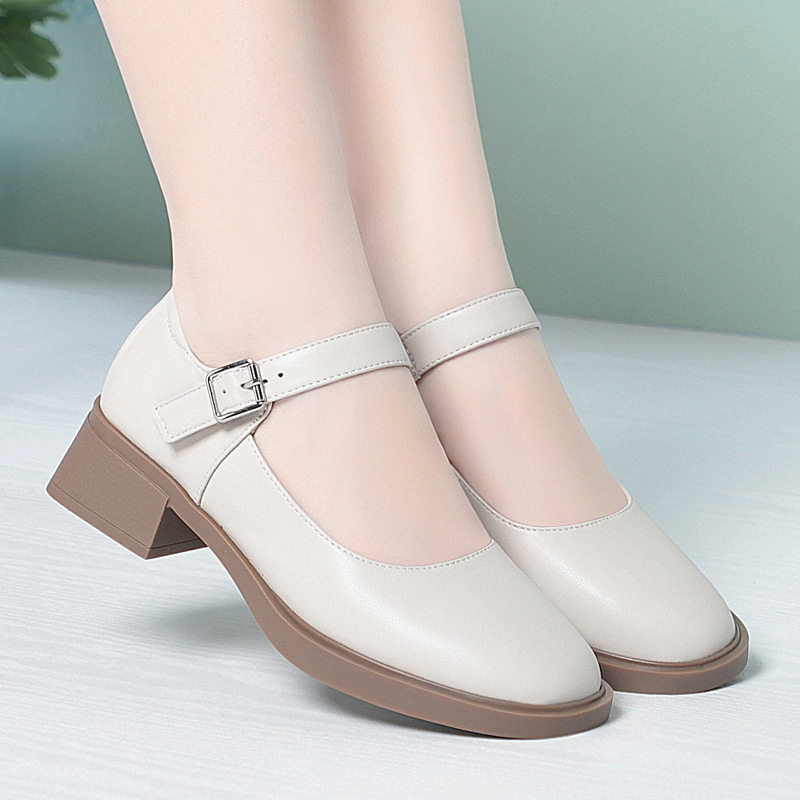 进口真皮软底粗跟一字扣带工作鞋黑色正装女士皮鞋厚底工装鞋女鞋