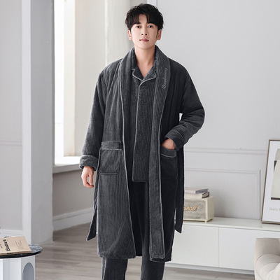 潮流三件套睡衣男季牛奶绒长袖加厚新款大码简约男士睡袍家居服套
